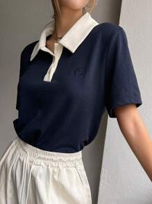 DAZY Contrast Collar Embroidery Detail Polo Shirt
