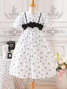 SHEIN Girls Allover Heart Print Puff Sleeve Bow Front Dress - White - View 1