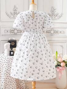 SHEIN Girls Allover Heart Print Puff Sleeve Bow Front Dress - White - View 2