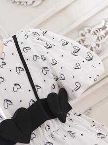 SHEIN Girls Allover Heart Print Puff Sleeve Bow Front Dress - White - View 5