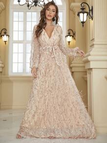 YISIKADO Plunge Neck Belted Sequin Maxi Dress - Champagne - View 2