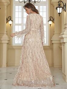 YISIKADO Plunge Neck Belted Sequin Maxi Dress - Champagne - View 3