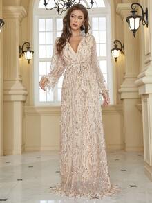 YISIKADO Plunge Neck Belted Sequin Maxi Dress - Champagne - View 4