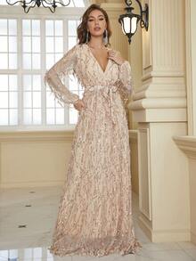 YISIKADO Plunge Neck Belted Sequin Maxi Dress - Champagne - View 5