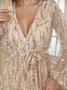 YISIKADO Plunge Neck Belted Sequin Maxi Dress - Champagne - View 6