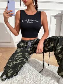 字母圖案短款背心 - 黑色 - 查看 5