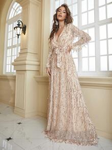 YISIKADO Plunge Neck Belted Sequin Maxi Dress - Champagne - View 7