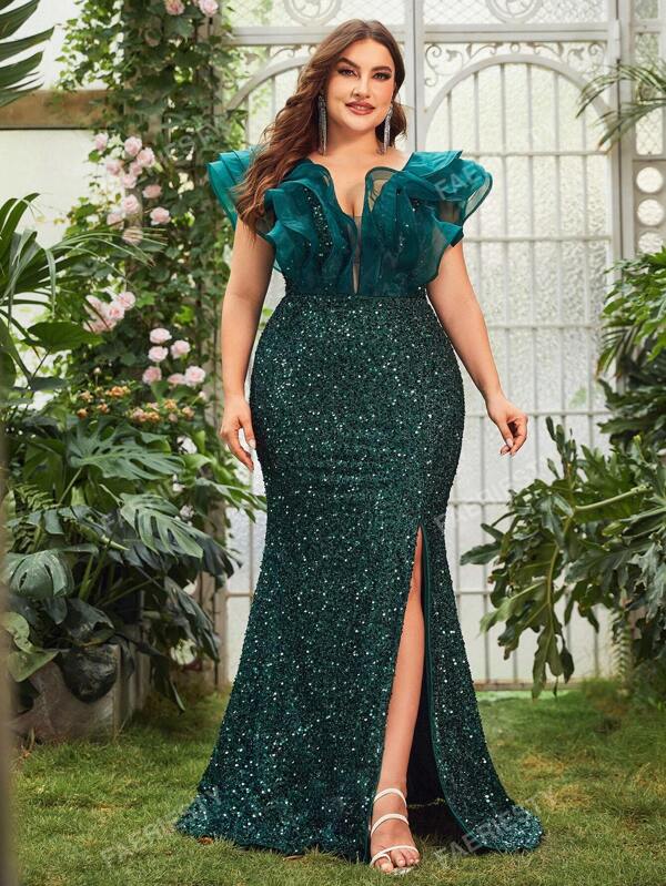 Faeriesty Plus Rochie elegantă cu sclipici cu paiete, cu mâneci cu volan și coadă de sirenă cu despicatură laterală | Rochie de seara de lux pentru gale cravata neagra, nunti si petreceri la Cannes Rochie de petrecere Rochie de invitat la nunta Rochie formala