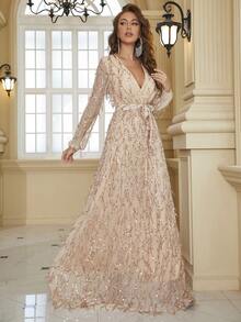 YISIKADO Plunge Neck Belted Sequin Maxi Dress - Champagne - View 8