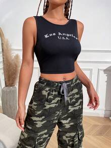 字母圖案短款背心 - 黑色 - 查看 6