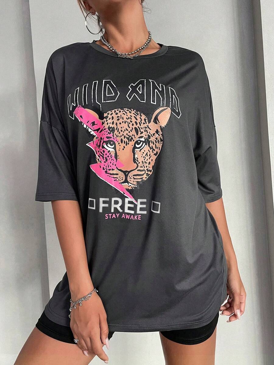 SHEIN Unity 豹紋和標語圖案落肩T恤 - 深灰色 - 查看 1