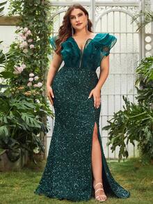 Faeriesty 大碼荷葉邊高衩亮片正式連衣裙 - 墨綠色 - 查看 5