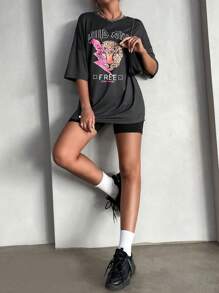 SHEIN Unity 豹紋和標語圖案落肩T恤 - 深灰色 - 查看 3