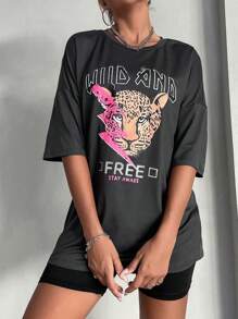 SHEIN Unity 豹紋和標語圖案落肩T恤 - 深灰色 - 查看 5