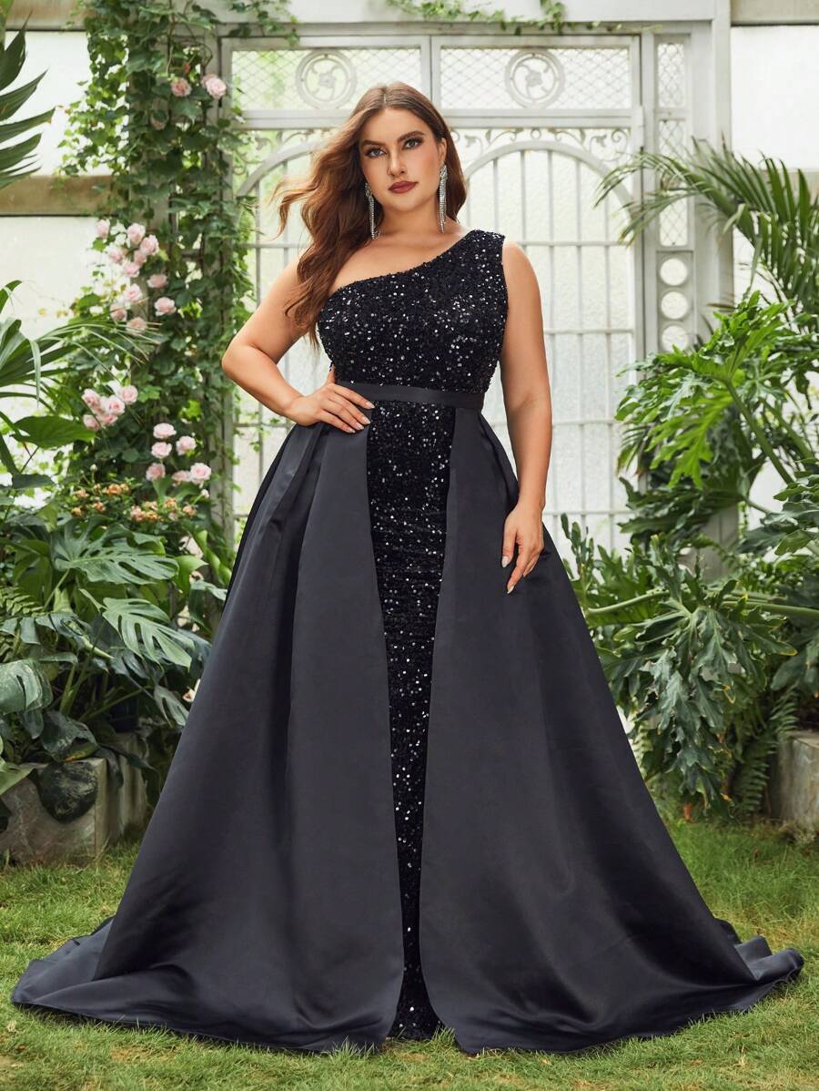 大碼單肩亮片正式連衣裙 - 黑色 - 查看 1