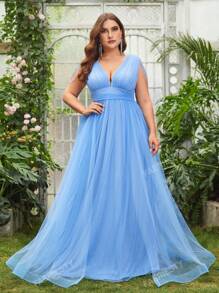 Faeriesty Plus Plunging Neck Mesh Party Dress Elegant Formal Evening Prom Wedding Guest Gown, For Graduation, Dinner