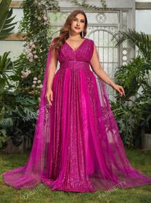 Faeriesty Plus Plunging Neck Cloak Sleeve Sequin Formal Dress Elegant Prom Evening Wedding Guest Gown, For Graduation, Dinner Party Dress