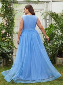 Faeriesty Plus Plunging Neck Mesh Party Dress Elegant Formal Evening Prom Wedding Guest Gown, For Graduation, Dinner
