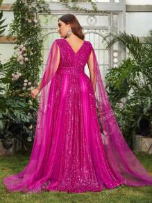 Faeriesty Plus Plunging Neck Cloak Sleeve Sequin Formal Dress Elegant Prom Evening Wedding Guest Gown, For Graduation, Dinner Party Dress