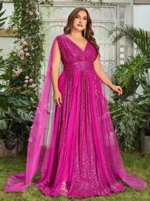 Faeriesty Plus Plunging Neck Cloak Sleeve Sequin Formal Dress Elegant Prom Evening Wedding Guest Gown, For Graduation, Dinner Party Dress