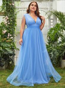 Faeriesty Plus Plunging Neck Mesh Party Dress Elegant Formal Evening Prom Wedding Guest Gown, For Graduation, Dinner