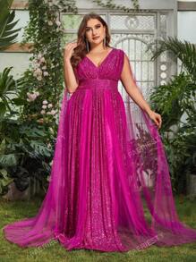 Faeriesty Plus Plunging Neck Cloak Sleeve Sequin Formal Dress Elegant Prom Evening Wedding Guest Gown, For Graduation, Dinner Party Dress