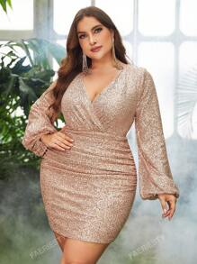 Faeriesty Plus Surplice Neck Lantern Sleeve Sequin Bodycon Dress