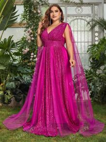 Faeriesty Plus Plunging Neck Cloak Sleeve Sequin Formal Dress Elegant Prom Evening Wedding Guest Gown, For Graduation, Dinner Party Dress