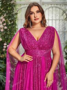 Faeriesty Plus Plunging Neck Cloak Sleeve Sequin Formal Dress Elegant Prom Evening Wedding Guest Gown, For Graduation, Dinner Party Dress