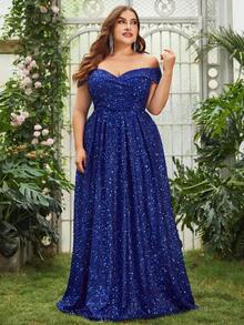 Faeriesty 大碼一字肩亮片正式連衣裙 - 寶藍色 - 查看 6