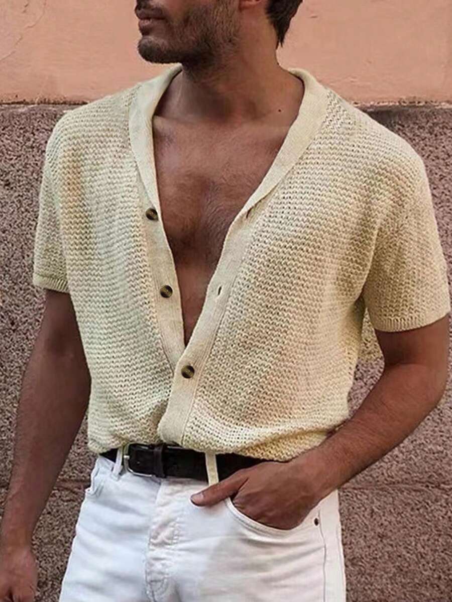 男士素色前紐扣針織上衣 - 杏色 - 查看 1