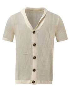 男士素色前紐扣針織上衣 - 杏色 - 查看 3