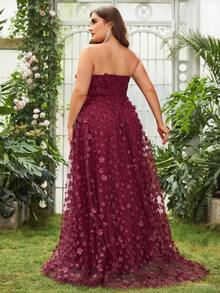 Plus Split Thigh Appliques Mesh Tube Formal Dress - Red - View 2