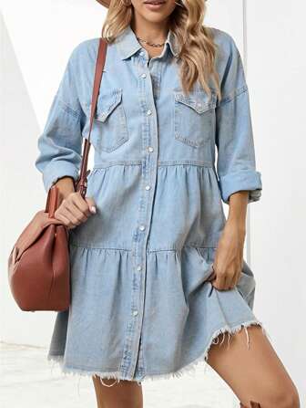 Vestido mezclilla con bolsillo con solapa de hombros caídos bajo con fruncido