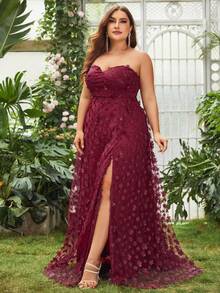 Plus Split Thigh Appliques Mesh Tube Formal Dress - Red - View 3