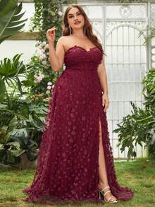 Plus Split Thigh Appliques Mesh Tube Formal Dress - Red - View 4