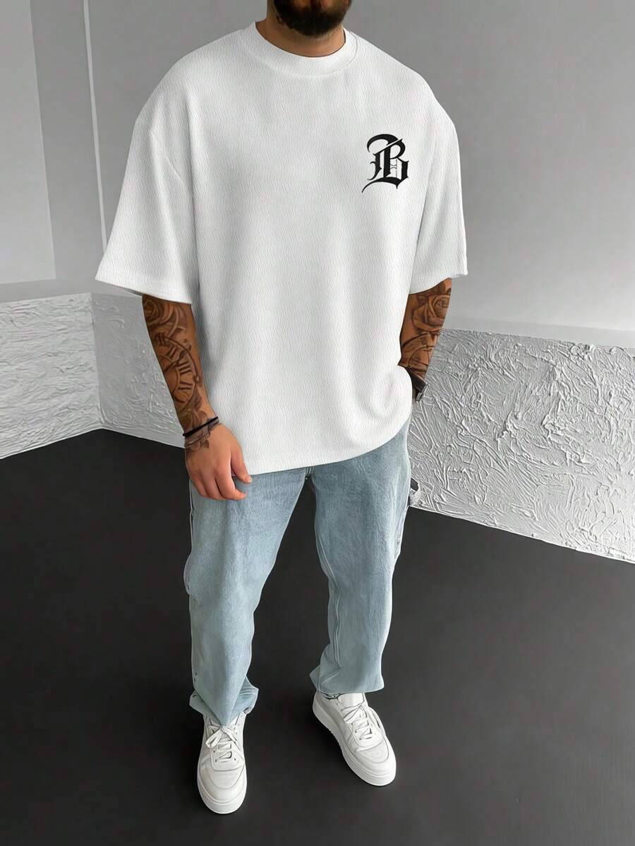 Manfinity Homme Men T-Shirts Baggy Crew Neck Drop Shoulder Short Sleeve Graphic Tee Letter Graphic Street Goth Summer Polyester - White - View 1