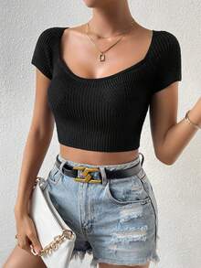 SHEIN Privé Áo dệt kim nữ Gân đan màu trơn Giải trí - màu đen - Xem 3