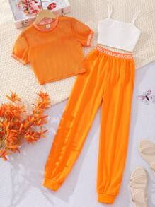 Cô gái Chất rắn Cami ngọn & Băng Letter Lưới Bộ đồ trên & quần thể thao - trái cam - Xem 1