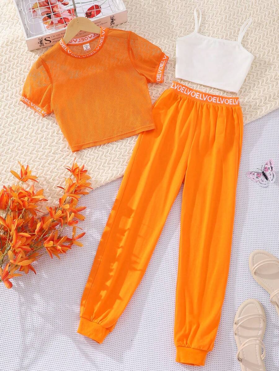 Cô gái Chất rắn Cami ngọn & Băng Letter Lưới Bộ đồ trên & quần thể thao - trái cam - Xem 1