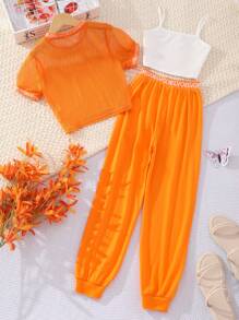 Cô gái Chất rắn Cami ngọn & Băng Letter Lưới Bộ đồ trên & quần thể thao - trái cam - Xem 2