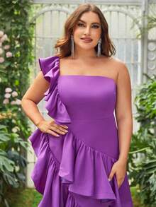 Faeriesty Plus One Shoulder Ruffle Trim Asymmetrical Hem Dress - Purple - View 4