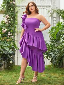 Faeriesty Plus One Shoulder Ruffle Trim Asymmetrical Hem Dress - Purple - View 6