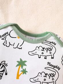 SHEIN 男嬰卡通圖案撞色滾邊連體衣和運動褲和帽 - 薄荷綠 - 查看 4