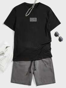 Manfinity VCAY Conjunto de verano para hombres con camiseta estampada con letras y shorts con cordón en la cintura