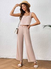 SHEIN Essnce Solid Split Back Top & Wide Leg Pants