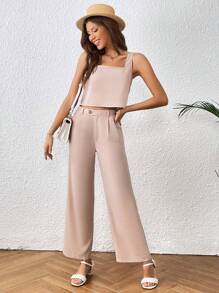 SHEIN Essnce Solid Split Back Top & Wide Leg Pants