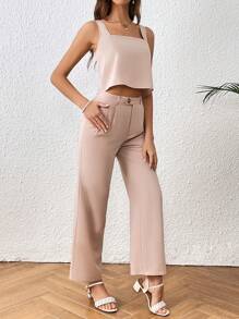 SHEIN Essnce Solid Split Back Top & Wide Leg Pants
