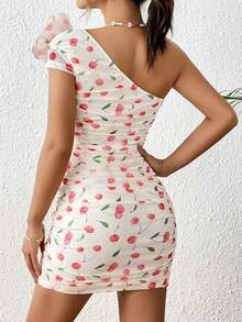 SHEIN VCAY Cherry Print One Shoulder Ruched Bodycon Dress - Multicolor - View 2