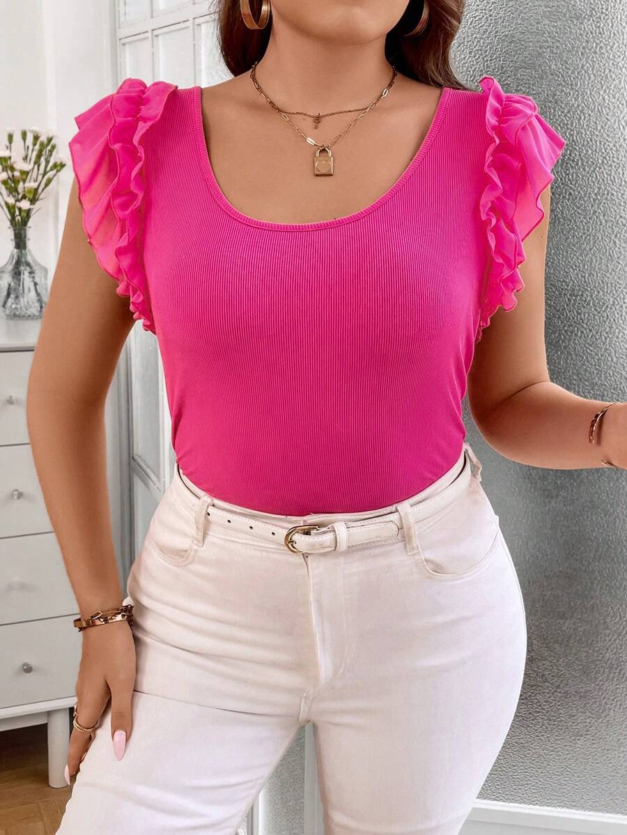 Celure Hơn Viền Ruffle Đồ đan Ribbed Áo thun - Màu Hồng Tươi - Xem 1